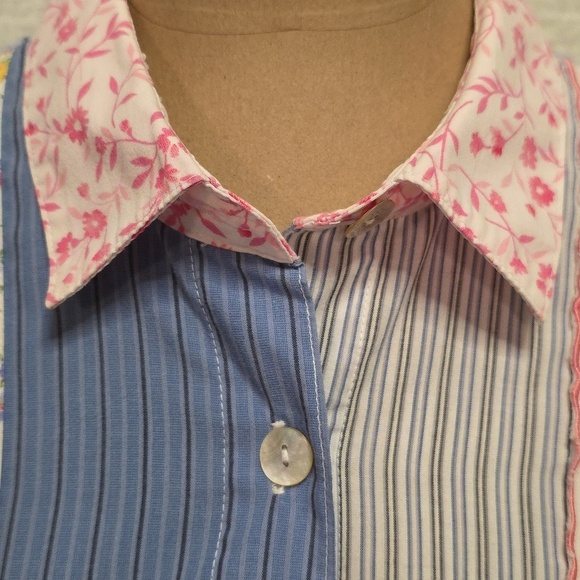 Colorful Patchwork Button-Up Shirt Blue White Pink Handkerchief Grandma Cottage - Picture 2 of 15